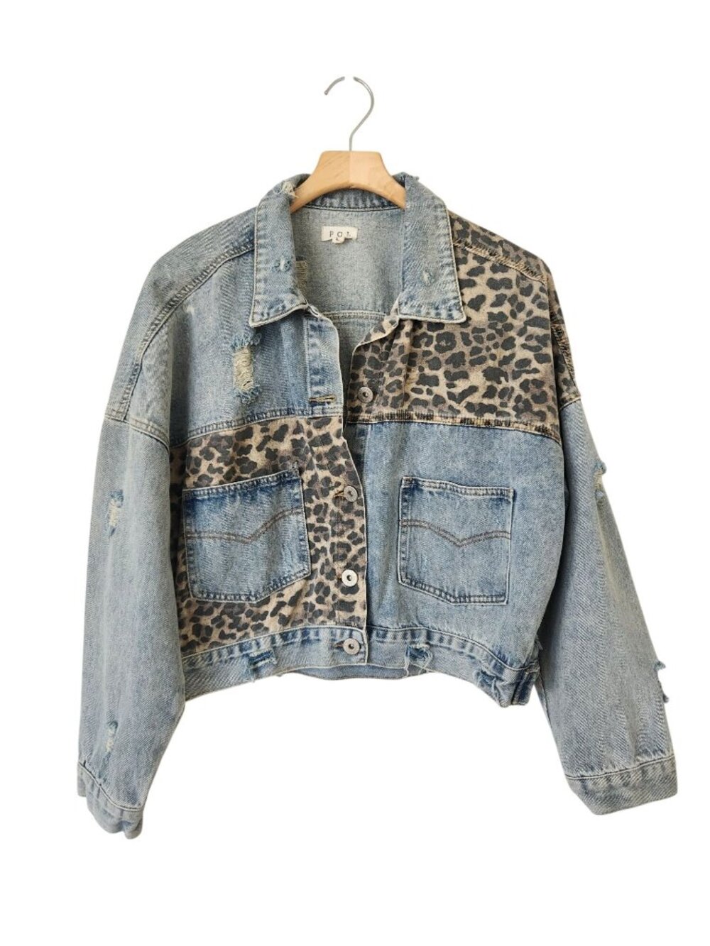 POL Leopard Print Denim Jacket Distressed Cropped Casual Glam Boho Cute Fall